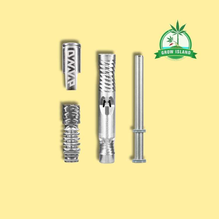THE M 2021 DYNAVAP Silver vape in tree pieces with yellow background and green Grow Island logo in the right upper corner
