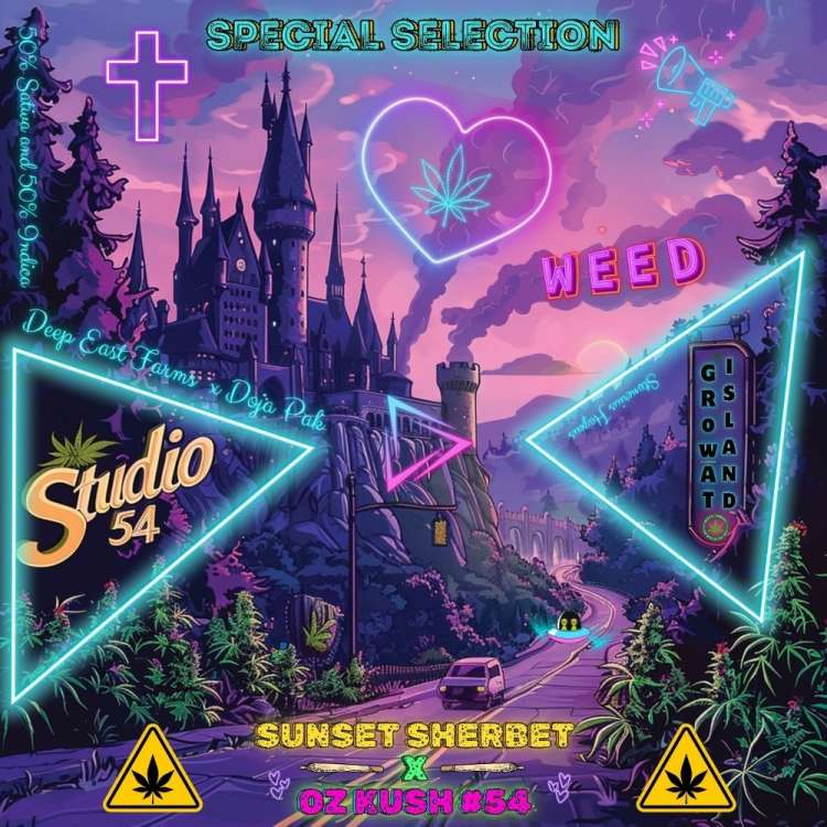 Studio 54 logo, a road in the middle with one car, on the left side is a smaler monuntain and a castle on it. on both side the road standing cannabis plants