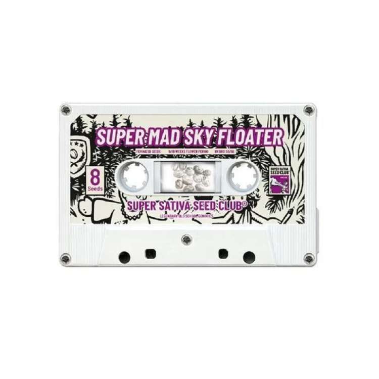 White cassette with the plant name Super Mad Sky Floater on it