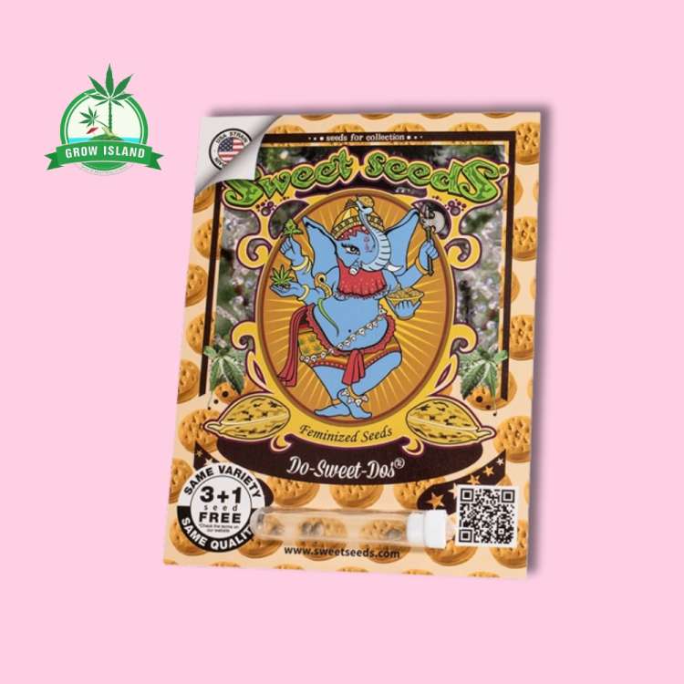Do-Sweet-Dos Seeds in plastic holder on a paper with sweet seeds elephant logo and pink background and green Grow Island logo in the left corner