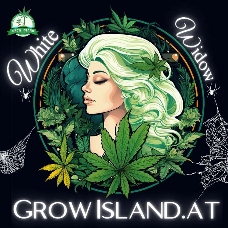 White Widow XXL logo green haired lady surrounded with cannabis leafs