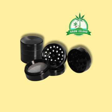 4-piece aluminum grinder adonized in pieces with yellow background and green grow island logo in the right upper corner