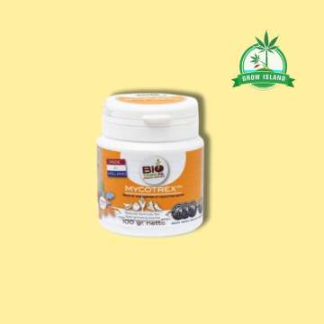 Bio Tabs Mycotrex 100 G white plastic jar with yellow background and green GrowIsland logo in the right upper corner