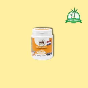Bio Tabs Mycotrex 500 G white plastic jar with yellow background and green GrowIsland logo in the right upper corner