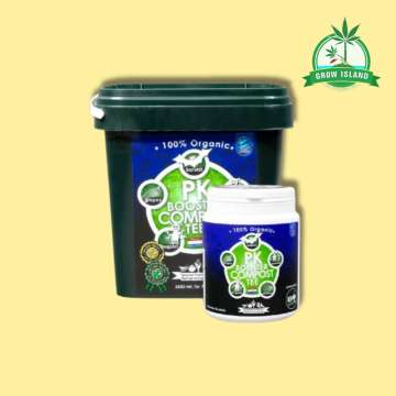 Bio Tabs PK Booster Compost Tea 750ml white plastic jar and 9L green plastic buket with yellow background and green Grow Island logo in the right upper corner