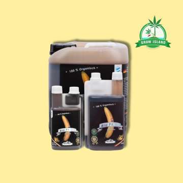 Bio Tabs Bio PK 5-8 three plastik bottle in 500ml, 1l, and 5 l with yellow background and green GrowIsland logo in the right upper corner