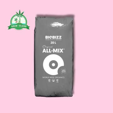 Biobizz All-Mix, 20l black bag with pink background and green Grow Island logo in the left upper corner