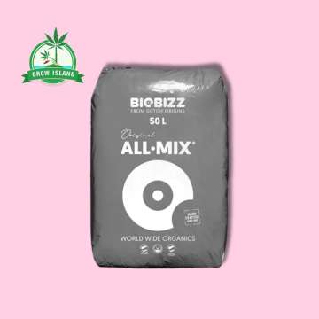 Biobizz All-Mix, 50l black bag with pink background and green Grow Island logo in the left upper corner