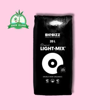 Biobizz Light-Mix, 20l black bag with pink background and green Grow Island logo in the left upper corner