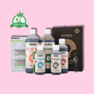 Biobizz Starters Pack, from left to right: feeding schedule, bio-bloom, bio.heaven, bio-grow, Root juice, top max, dark brown paper box with hell rose background and green Grow Island logo in the right upper corner