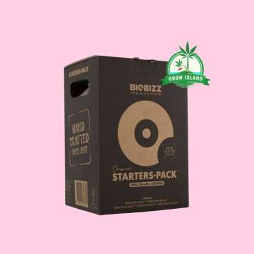 Biobizz Starters Pack dark brown paper box with hell rose background and green Grow Island logo in the right upper corner