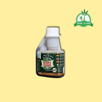 Bio Tabs Boom Boom Spray in plastic white bottle with yellow background and green Grow island logo in the right upper corner