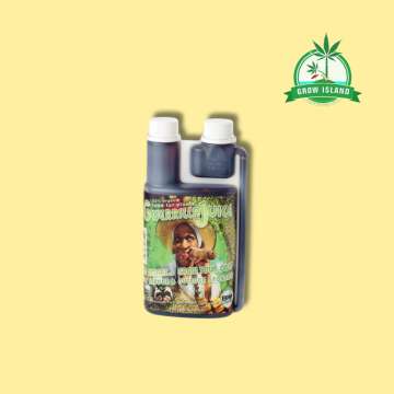 Bio Tabs Guerilla Juice white plastic bottles with a womand in hat and joint in the mouth on it, with yellow background and green Grow island logo in the right upper corner