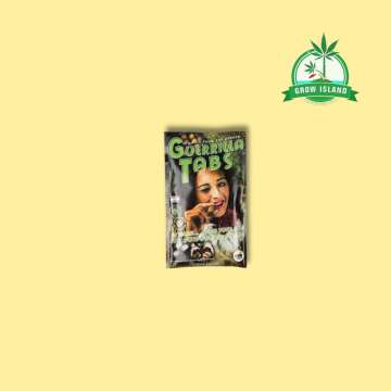 Guerilla Tabs from Biotabs in a bag with women face and a joint in her mouth on it, and with yellow background and green GrowIsland logo in the right upper corner