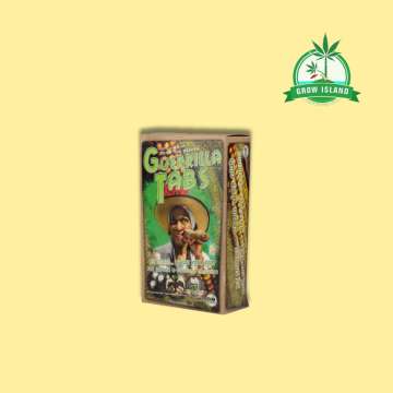 BioTabs Guerilla Box one lady with hat and big joint in her hand, with yellow background and green Grow Island logo in the right upper corner