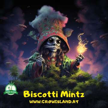 Biscotti Mintz Logo, ein schamanisches Wesen mit farbigem Hut und Umhang, schwarzer Sonnenbrille, mit einem Joint in der Hand, umgeben von Cannabisblättern.