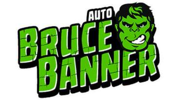 Bruce Banner Auto logo with green text and one hulk face on the right side