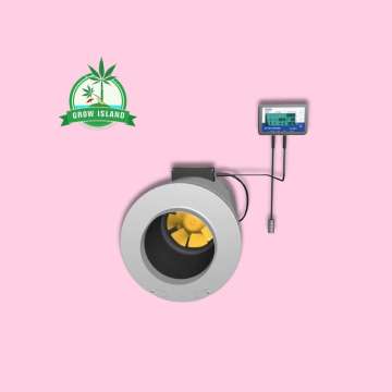 CAN-FAN Q-Max EC - 746m3/h -160mm mixed-flow fan with hell rose background and green Grow Island logo in the upper left corner