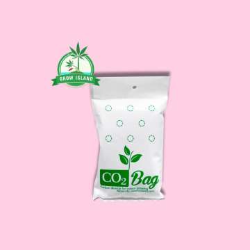 white CO2-bag with hell rose background and green Grow Island logo in the left upper corner