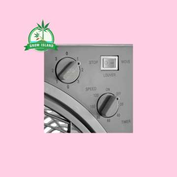 grey Cornwall RF40 boxvetilátor 40cm 50W with pink background and green Grow Island logo in the left upper corner