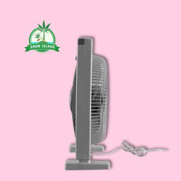 grey Cornwall RF40 boxvetilátor 40cm 50W with pink background and green Grow Island logo in the left upper corner
