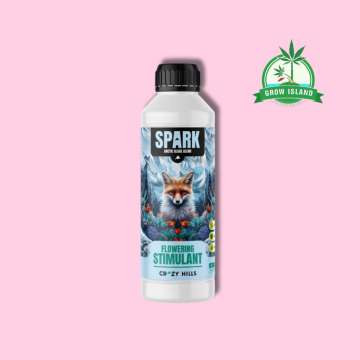 Spark 500ml white plastic bottle with a fox on it, rose background and a green Grow Island logo in the right upper corner
