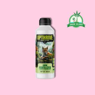 Upthrive 500ml white plastic bottle with a tiger on it, rose background and a green Grow Island logo in the right upper corner