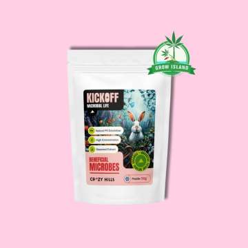 Benefical Microbs 50g powder in white plastic bag with a rabbit on it, rose background and a green Grow Island logo in the right upper corner