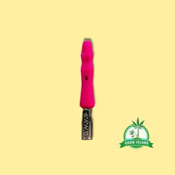 DynaVap VapCap The B Vape in pink colour with yellow background and green GrowIsland logo in the lower left corner