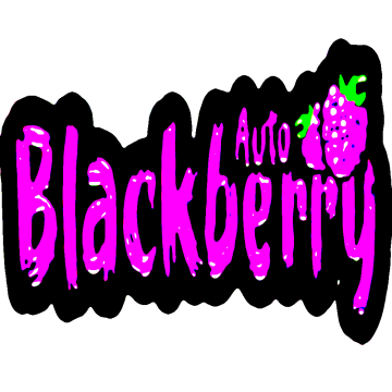 Blackberry auto logo with pink letters and two blackberry on the right side