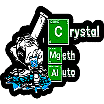 Crystal M.E.T.H. logo with chemical table symbols and microscope