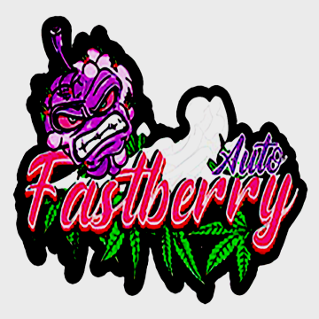 Fastberry logo with pink letters purple tiki face and green cannabis leafs under it
