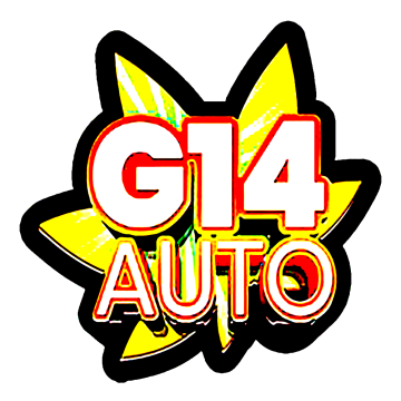 G14 auto logo with white letters and red shades and one yellow cannabis leaf behind it