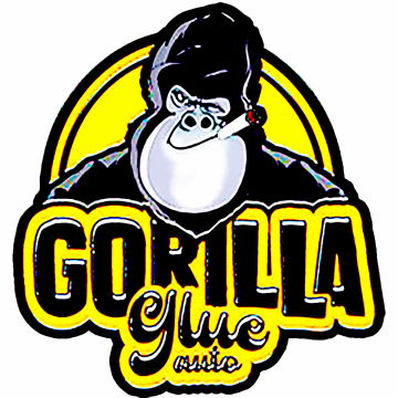Gorilla Glue logo yellow-black text and black gorilla with a joint in his mouth with yellow bachground