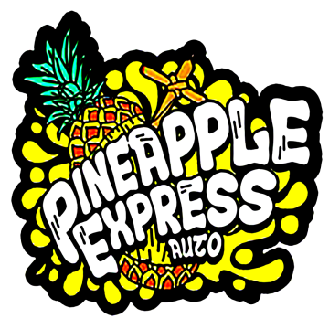 Pineapple Express logo yellow splash background, white text and one pineapple