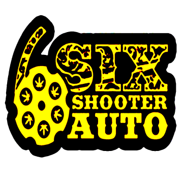 Six Shooter logo with yellow-black letters and a revolver on the left side