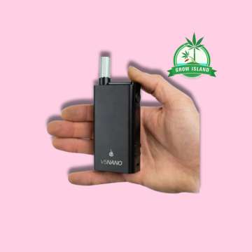Flowermate V5 Nano Vaporizer in a hand with hell rose background and green grow island logo in the right upper corner