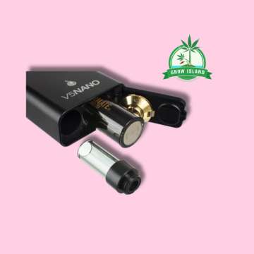 Flowermate V5 Nano Vaporizer back side with hell rose background and green grow island logo in the right upper corner