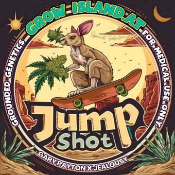 Jump Shot Logo — ein Känguru fährt Skateboard und hält Cannabis in der Hand