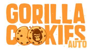 Gorilla Cookies Auto logo with orange letters and two chocholate cookies instead of letter O