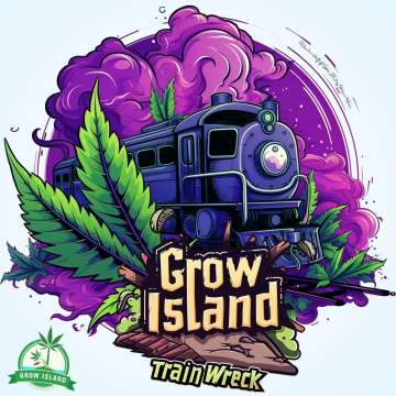 Trainwreck Logo — ein Zug mit violettem Nebel und Cannabisblättern.