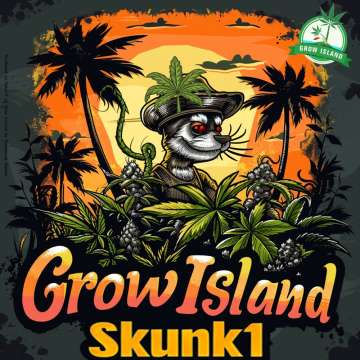 Skunk 1 logo,  A stinky badger with red eyes, wearing a hat in a palm tree forest, surrounded by cannabis plants.