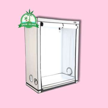 Homebox Ambient R150 oppened with hell rose background and green Grow Island logo in the right upper corner