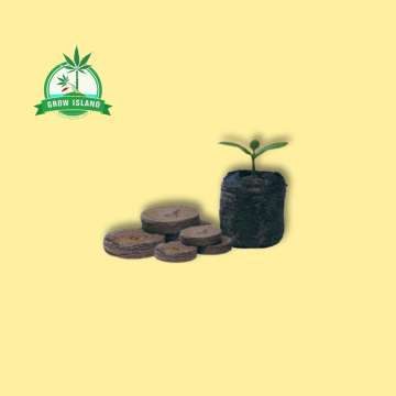 six Jiffy Peat pot round for seeds and one in the right side wit smal plant inside with yellow background and green Grow Island logo in the öeft upper corner