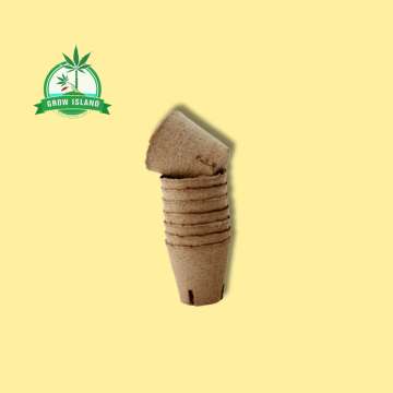 Peat pot for seeds or small plants with yellow background and green Grow Island logo in the upper left corner