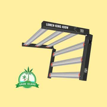 Lumen-King LED 400W in the middle folded with yellow background and green Grow Island logo in the left lower corner