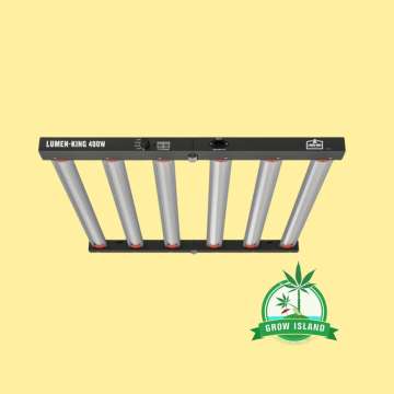 Lumen-King LED 400W with yellow background and green Grow Island logo in the left lower corner