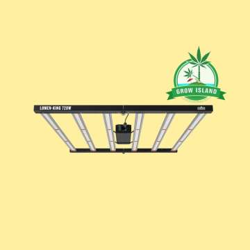 Lumen King 720W LED with yellow background and green grow island logo in the right upper corner