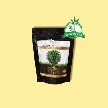 Mykoriza Premium from Organics Nutrients with yellow background and green grow Island logo in the right upper corner