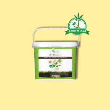Big Plant from Organics Nutrients green plastic bucket with yellow background and green grow island logo in the right upper corner